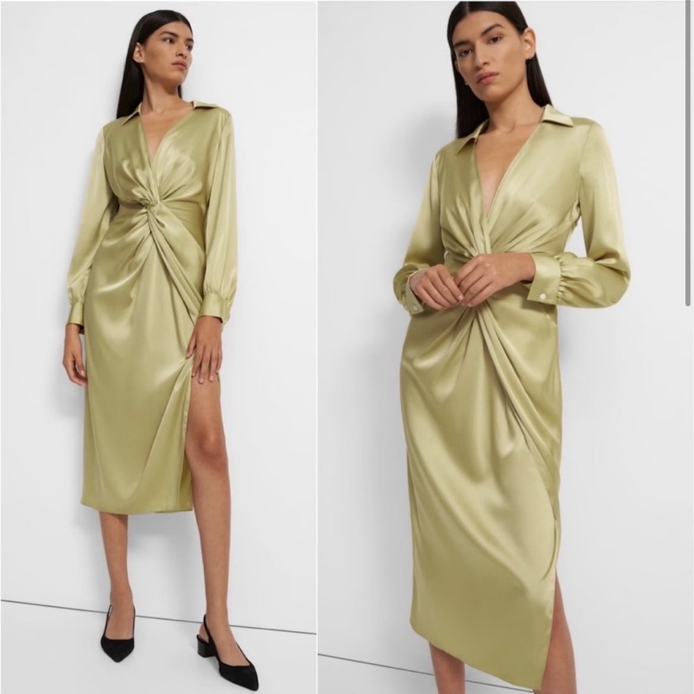 NWT Theory Green Women's Satin Twist Midi Dress Size 6